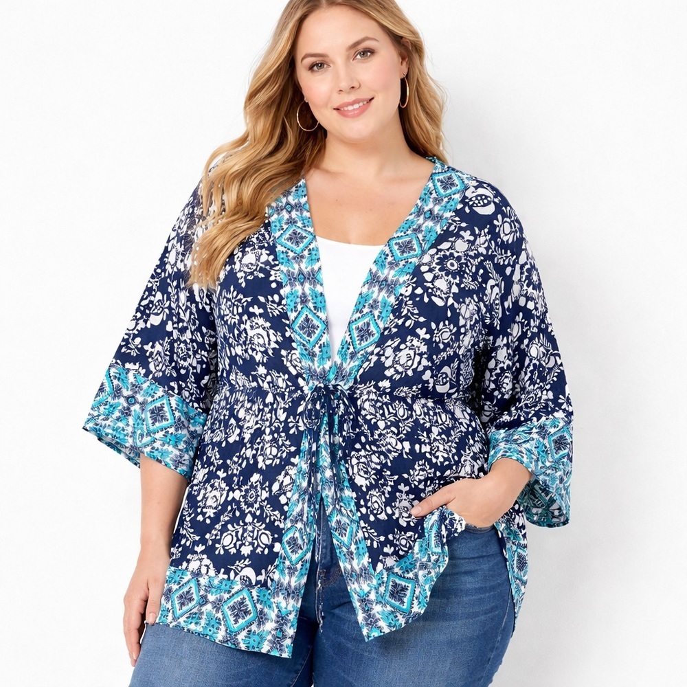 Lane Bryant Kimono Cardigan Waist Tie Blue Turquoise 22/24 Floral Boho